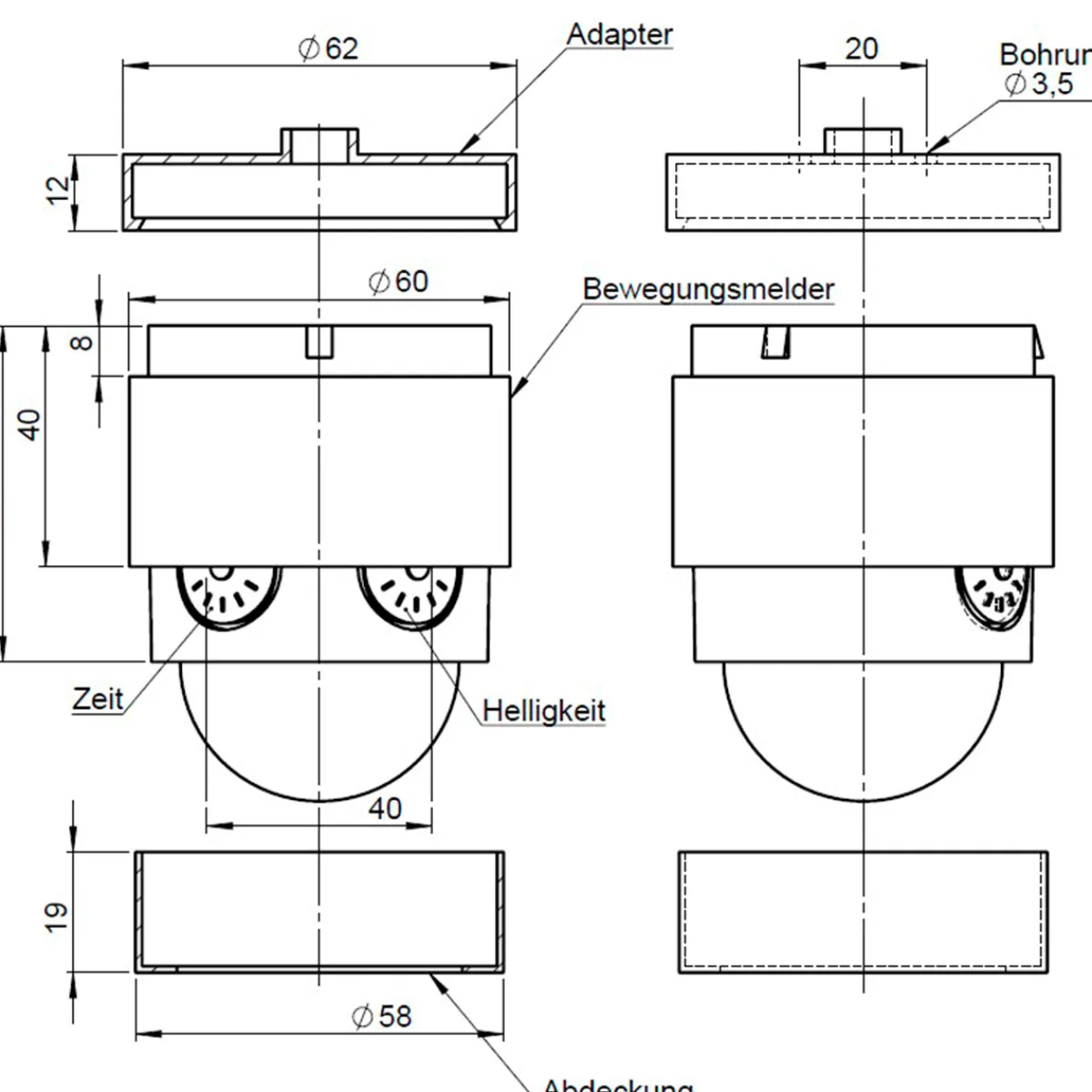 Bewegungsmelder für Leuchten ohne Dauerlichtfunktion Montagezubehör